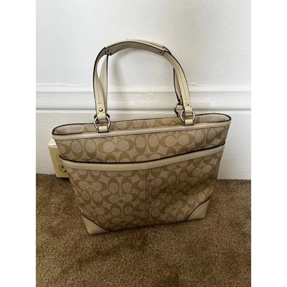 Coach Chelsea Leather Signature Heritage Logo Stripe Pink Beige Tote Bag - Picture 7 of 16